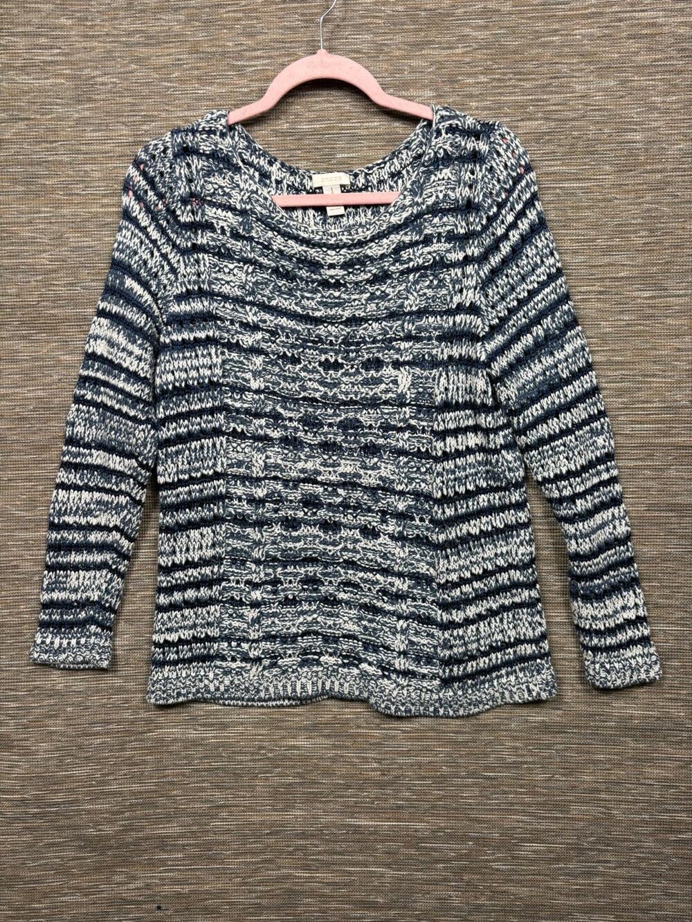 Chico’s Crocheted Open Weave Sweater Womens Size 1 US 8 Blue White Long Sleeve